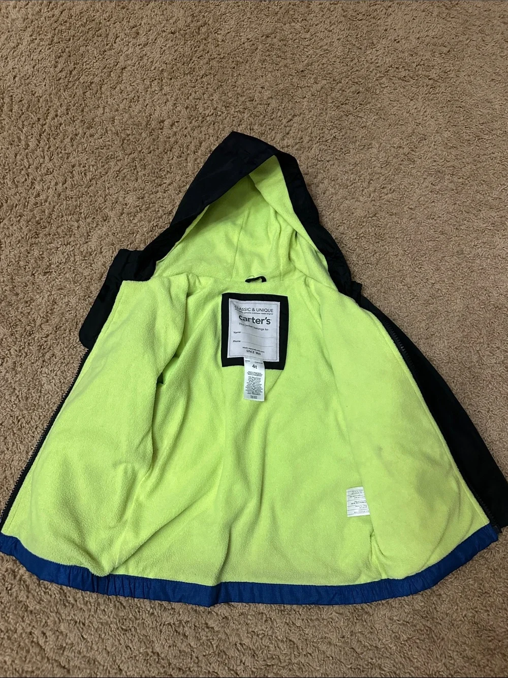Carter's Black & Blue Hooded Coat with Lime Fleece Lining